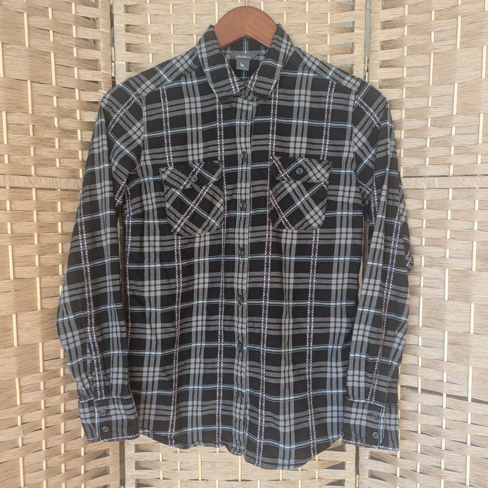 Eddie Bauer Womens Black Grey Plaid Flannel Button Up Shirt Aztec Southwestern